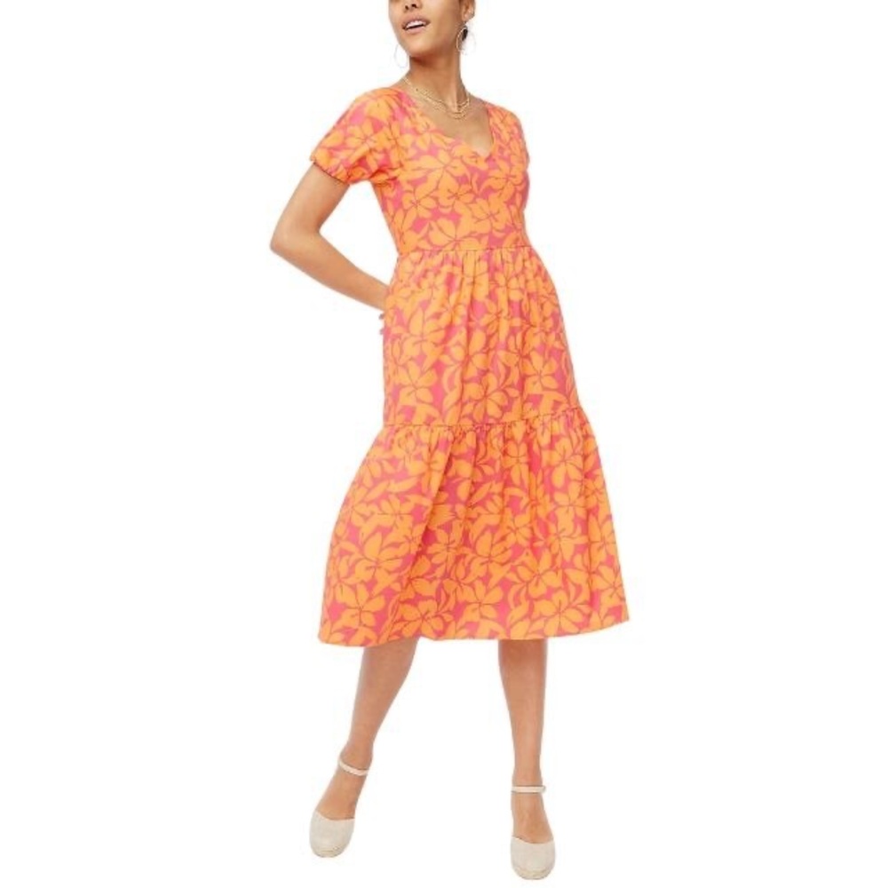 J.Crew Floral Puff-Sleeve Tiered Midi Dress, Orange/Pink, Size 10